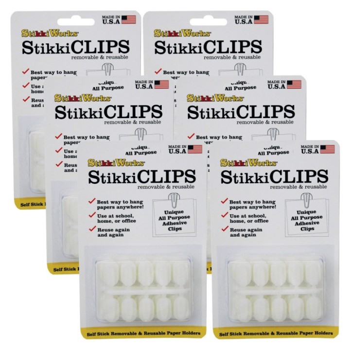 StikkiWorks StikkiCLIPS™ Adhesive Clips, White, 20 Per Pack, 6 Packs