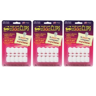 StikkiWorks StikkiCLIPS™ Adhesive Clips, White, 30 Per Pack, 3 Packs