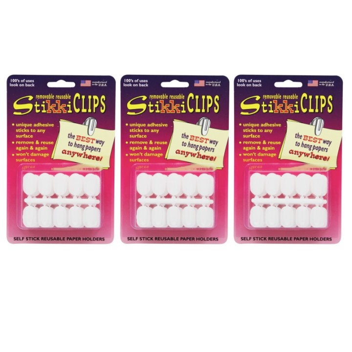 StikkiWorks StikkiCLIPS™ Adhesive Clips, White, 30 Per Pack, 3 Packs