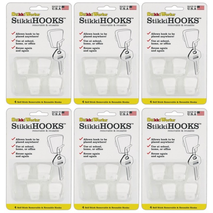 StikkiWorks StikkiHOOKS®, White, 4 Per Pack, 6 Packs