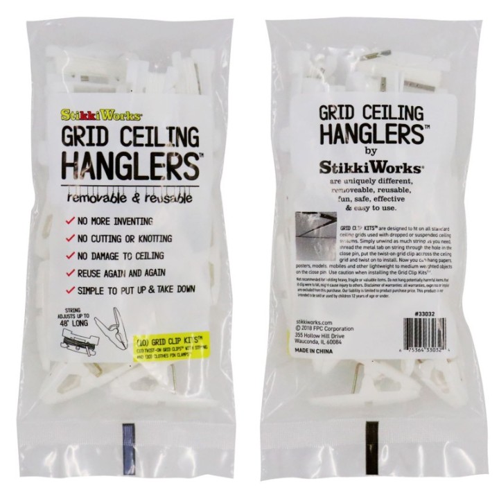 StikkiWorks Grid Ceiling Hanglers™ Grid Clip Kits™, 10 Count