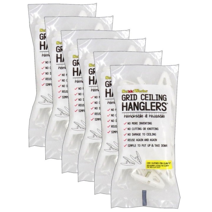 StikkiWorks Grid Ceiling Hanglers™ Clothes Pin Clamps™, 20 Per Pack, 6 Packs