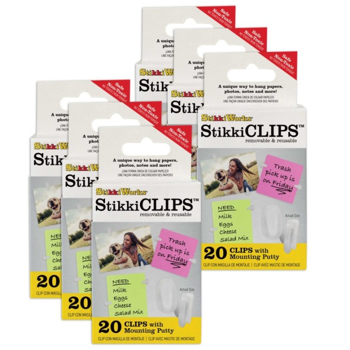 StikkiWorks Stikki Clips with Mounting Putty, 20 Per Pack, 6 Packs