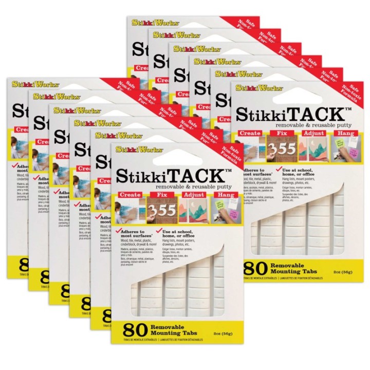 StikkiWorks StikkiTack, White, 2 oz./80 Tabs Per Pack, 12 Packs