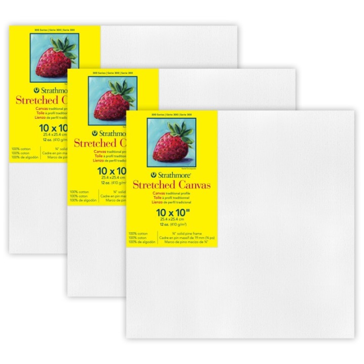 Strathmore 300 Series Traditional Stretched Canvas, 10x10 inch, Pack of 3