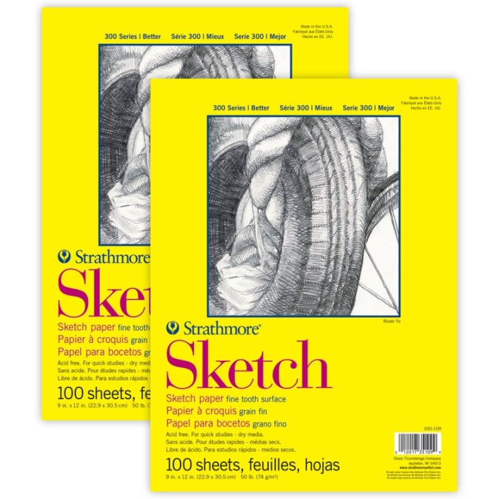 Strathmore 300 Series Sketch Pad, Glue Binding, 100 Sheets, 9x12 inch, Pack of 2