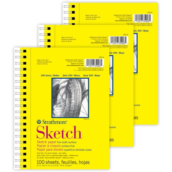 Strathmore 300 Series Sketch Pad, Side Wire Binding, 100 Sheets, 5.5x8.5 inch, Pack of 3