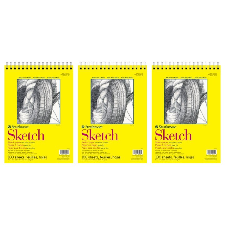 Strathmore 300 Series Sketch Pad, Side Wire Binding, 100 Sheets, 9x12 inch, Pack of 3