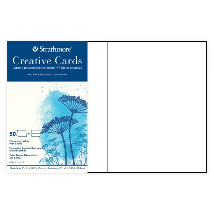 Strathmore Creative Cards & Envelopes, Fluorescent White with Deckle Edge, Full Size, 5x6.875 inch, Pack of 50