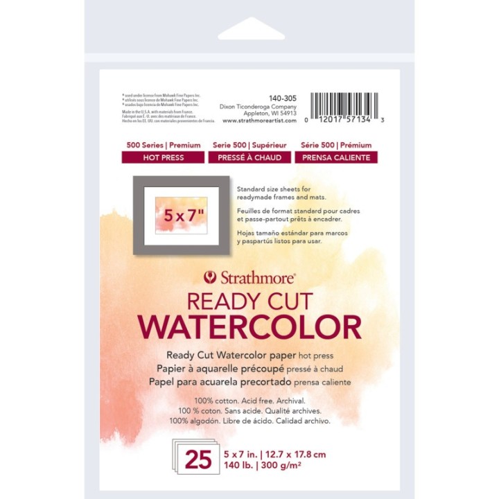 Strathmore 500 Series Ready Cut Watercolor Paper Pack, Hot Press, 5x7 inch, 25 Sheets