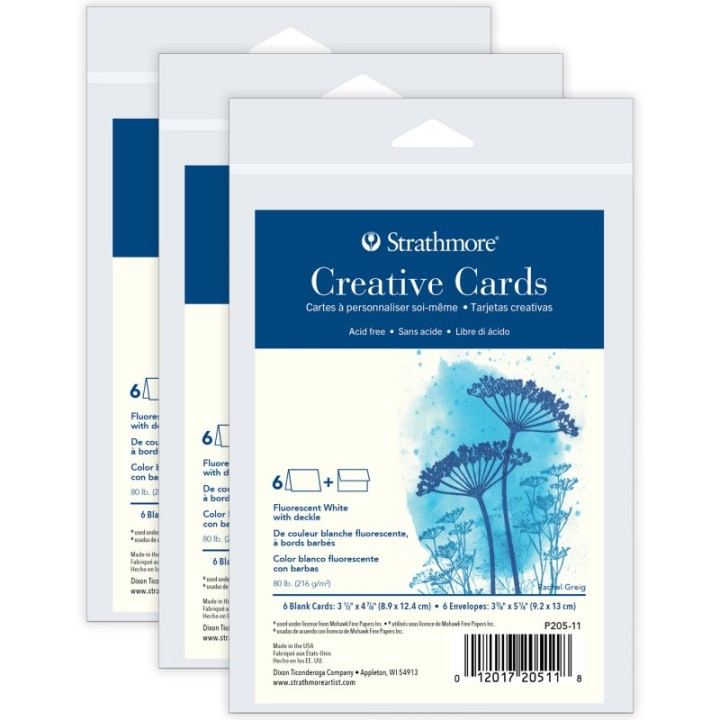 Strathmore Creative Cards & Envelopes, Flourescent White with Deckle Edge, Anniversary Size, 3.5x4.875 inch, 6 Per Pack, 3 Packs