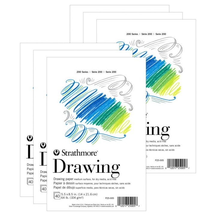 Strathmore 200 Series Drawing Paper Pad, Tape Binding, 40 Sheet, 5.5x8.5 inch, Pack of 6