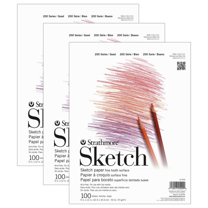 Strathmore 200 Series Sketch Pad, Tape Binding, 100 Sheet, 9x12 inch, Pack of 3