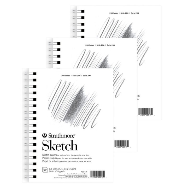 Strathmore 200 Series Sketch Paper Pad, Side Wire Binding, 100 Sheet, 5.5x8.5 inch, Pack of 3