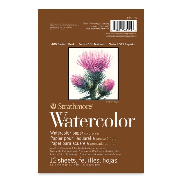 Strathmore 400 Series Watercolor Paper Pad, Cold Pressed, Tape Binding, 12 Sheet, 5.5x8.5 inch, 1 Count