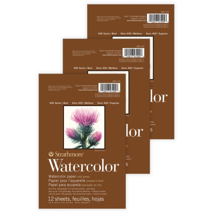 Strathmore 400 Series Watercolor Paper Pad, Cold Pressed, Tape Binding, 12 Sheet, 5.5x8.5 inch, Pack of 3