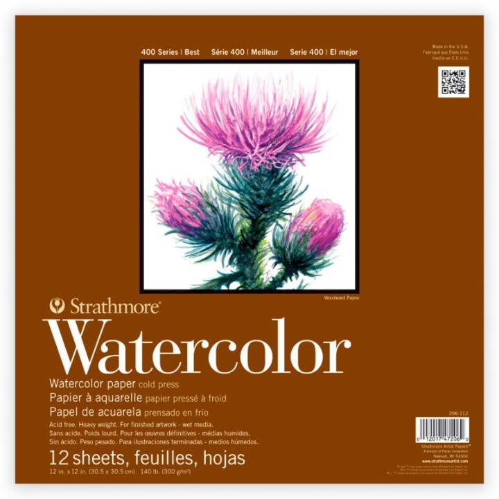 Strathmore 400 Series Watercolor Paper Pad, Cold Pressed, Tape Binding, 12 Sheet, 12x12 inch, 1 Count