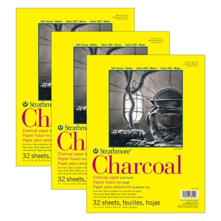 Strathmore 300 Series Charcoal Pad, Glue Binding, 32 Sheet, 9x12 inch, Pack of 3