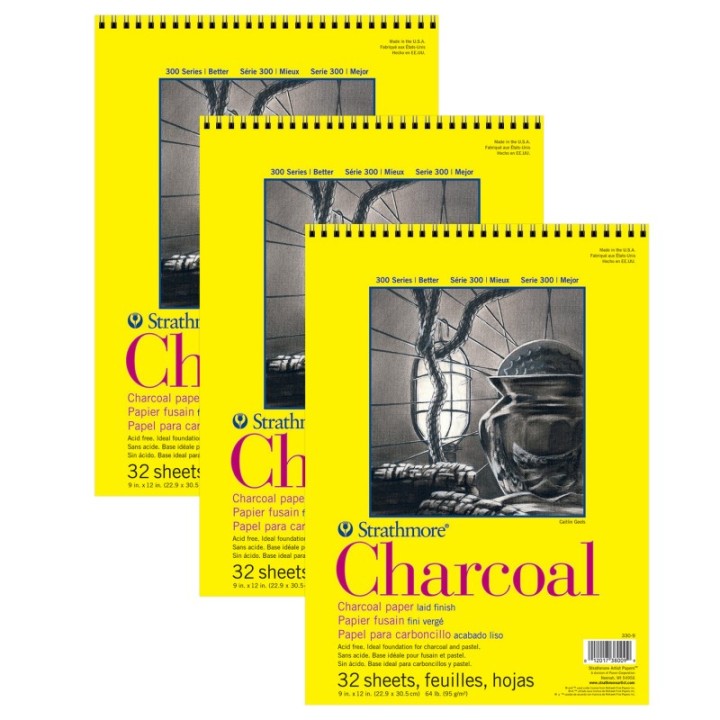 Strathmore 300 Series Charcoal Pad, Top Wire Binding, 32 Sheet, 9x12 inch, Pack of 3