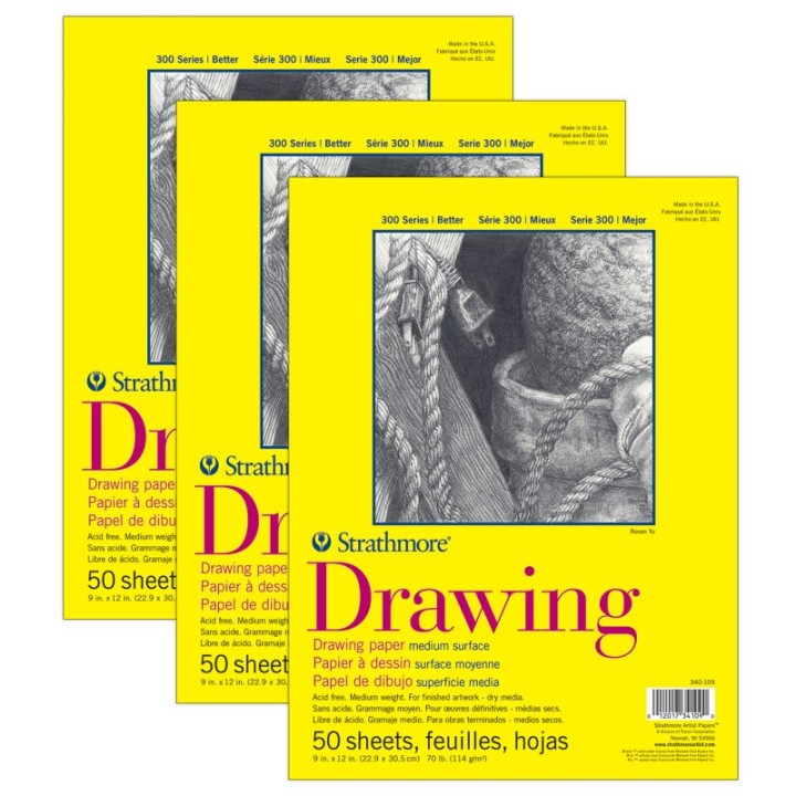 Strathmore 300 Series Drawing Pad, Glue Binding, 50 Sheet, 9x12 inch, Pack of 3