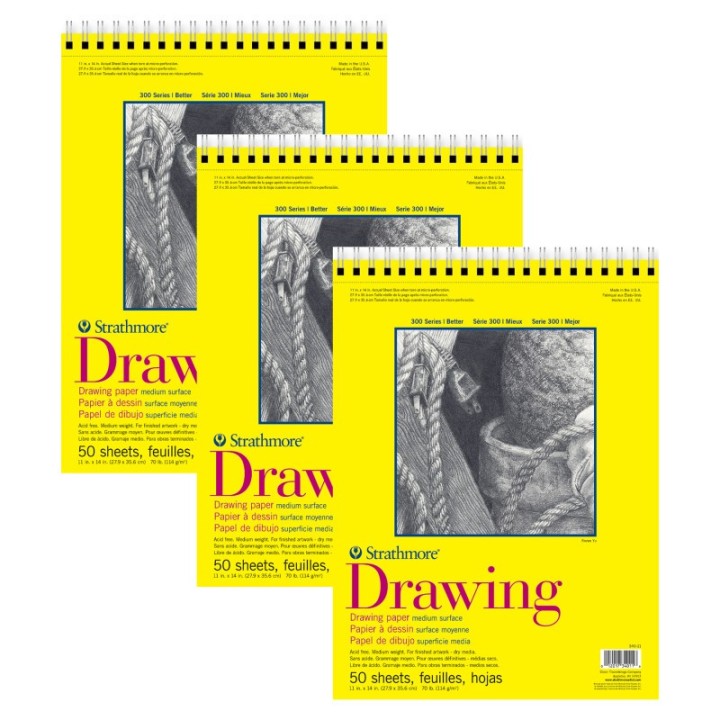 Strathmore 300 Series Drawing Pad, Top Wire Binding, 50 Sheet, 11x14 inch, Pack of 3