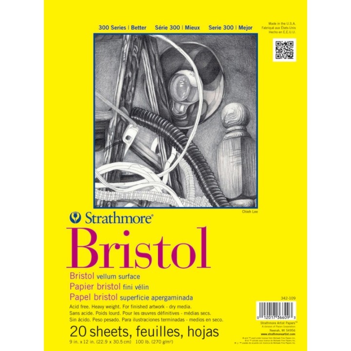 Strathmore 300 Series Bristol Pad, Vellum Finish, Tape Binding, 20 Sheet, 9x12 inch, 1 Count