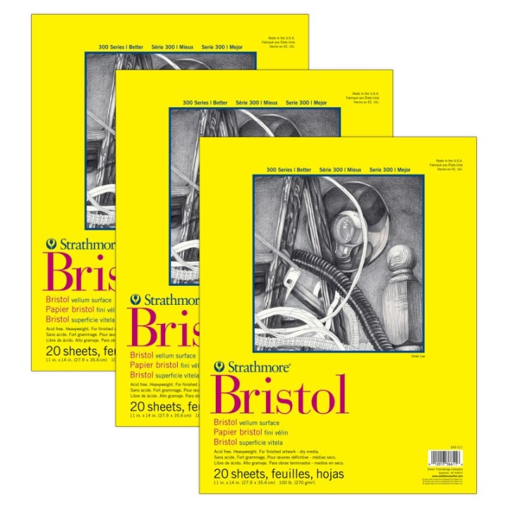 Strathmore 300 Series Bristol Pad, Vellum Finish, Tape Binding, 20 Sheet, 11x14 inch, Pack of 3