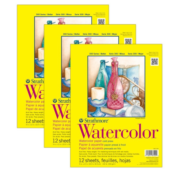 Strathmore 300 Series Watercolor Pad, Cold Pressed, Tape Binding, 12 Sheet, 9x12 inch, Pack of 3