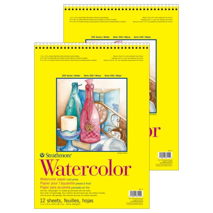 Strathmore 300 Series Watercolor Pad, Cold Pressed, Top Wire Binding, 12 Sheet, 11x15 inch, Pack of 2