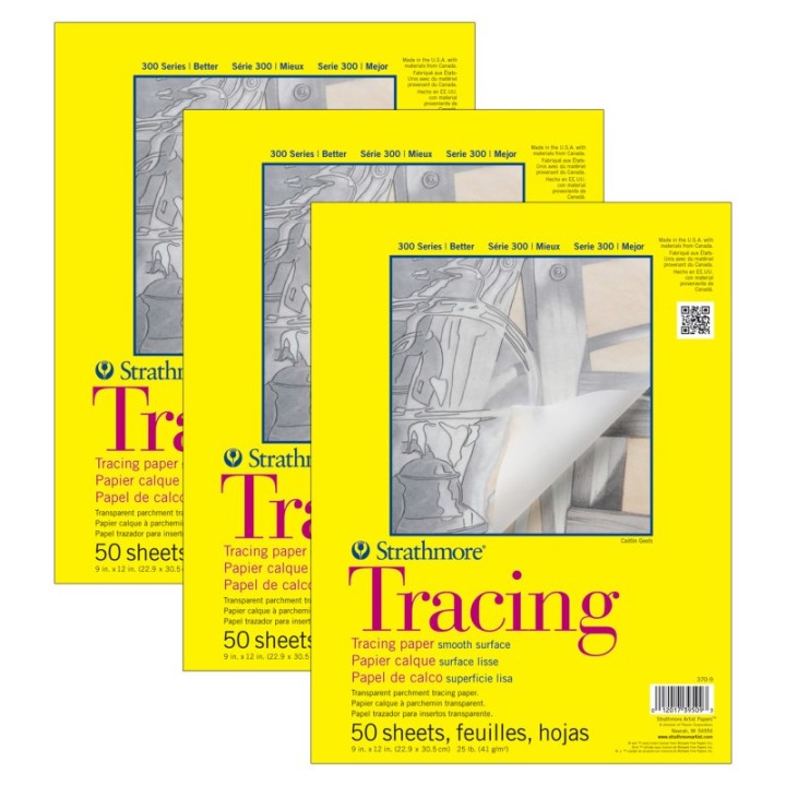 Strathmore 300 Series Tracing Pad, Tape Binding, 50 Sheet, 9x12 inch, Pack of 3