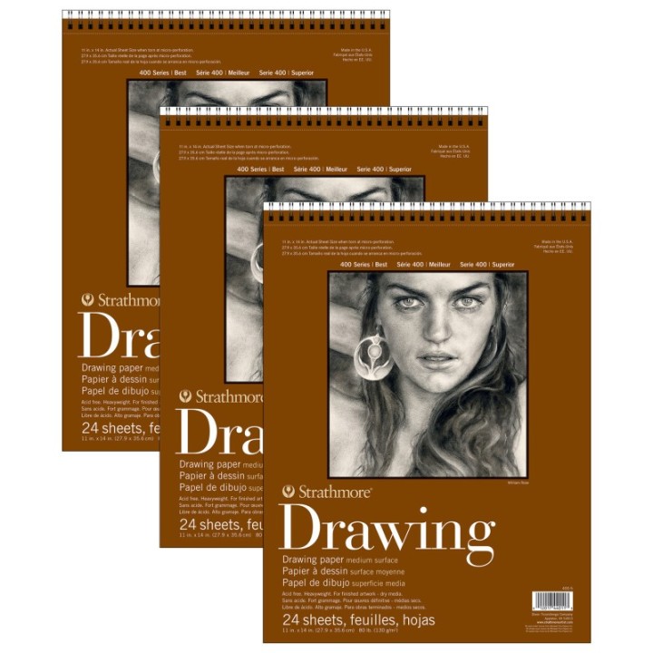 Strathmore 400 Series Drawing Pad, Smooth Finish, Wire Binding, 24 Sheet, 11x14 inch, Pack of 3