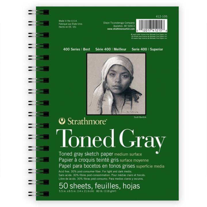 Strathmore 400 Series Sketch Paper Pad, Recycled, Toned Gray, Side Wire Binding, 50 Sheet, 5.5x8.5 inch, 1 Count
