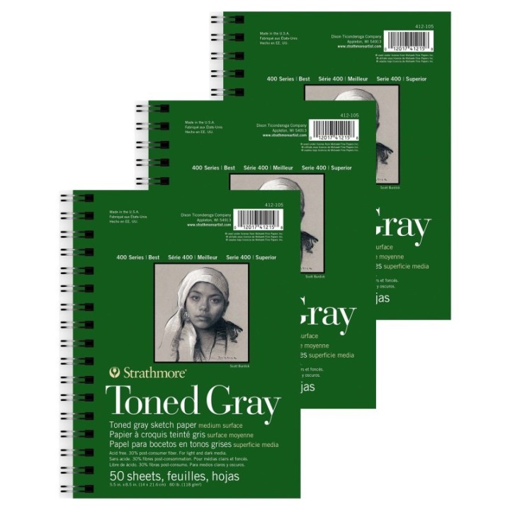 Strathmore 400 Series Sketch Paper Pad, Recycled, Toned Gray, Side Wire Binding, 50 Sheet, 5.5x8.5 inch, Pack of 3