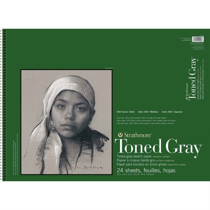 Strathmore 400 Series Sketch Paper Pad, Recycled, Toned Gray, Side Wire Binding, 24 Sheet, 18x24 inch, 1 Count