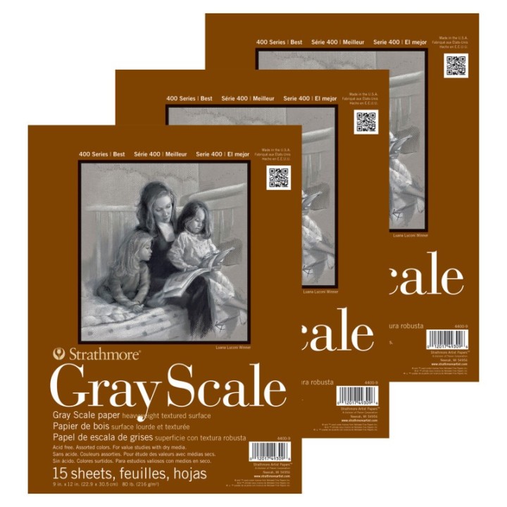 Strathmore 400 Series Grayscale Paper Pad, Glue Binding, 15 Sheet, 9x12 inch, Pack of 3