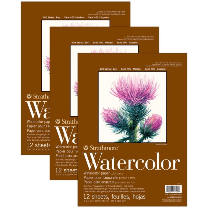 Strathmore 400 Series Watercolor Pad, Top Wire Binding, 12 Sheet, 9x12 inch, Pack of 3