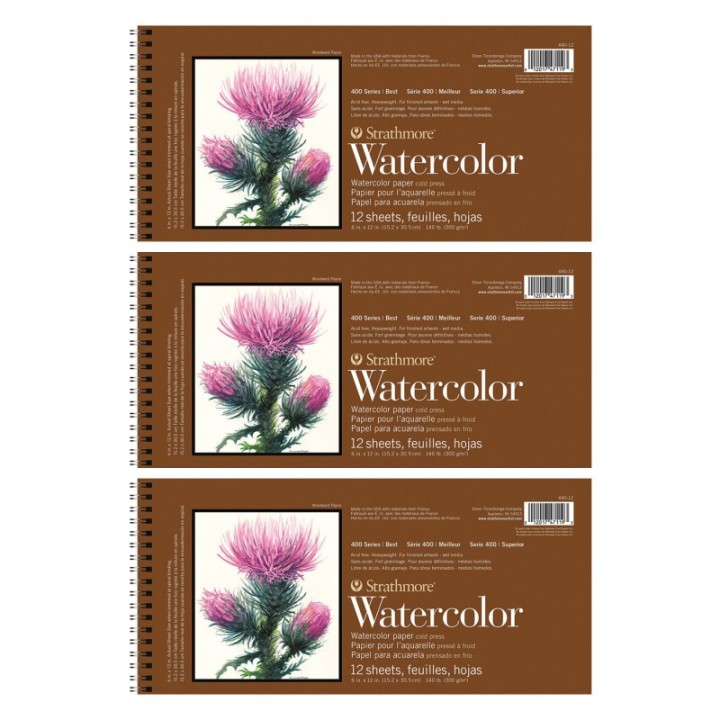 Strathmore 400 Series Watercolor Paper Pad, Cold Pressed, Tape Binding, 12 Sheet, 6x12 inch, Pack of 3