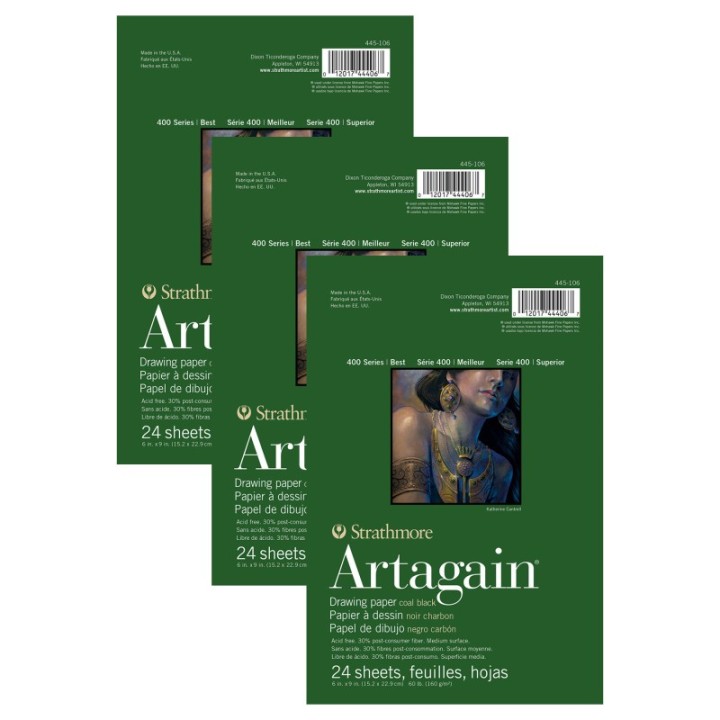 Strathmore 400 Series Artagain Pastel & Drawing Paper Pad, Coal Black, Glue Binding, 24 Sheet, 6x9 inch, Pack of 3
