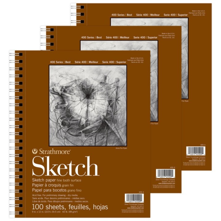 Strathmore 400 Series Sketch Pad, Side Wire Binding, 100 Sheet, 9x12 inch, Pack of 3