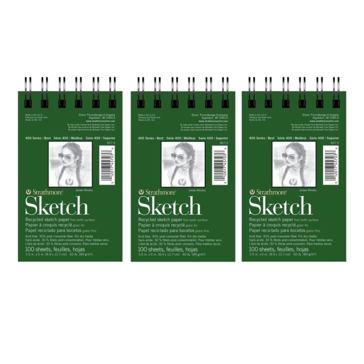 Strathmore 400 Series Sketch Pad, Recycled, Side Wire Binding, 100 Sheet, 3.5x5 inch, Pack of 3