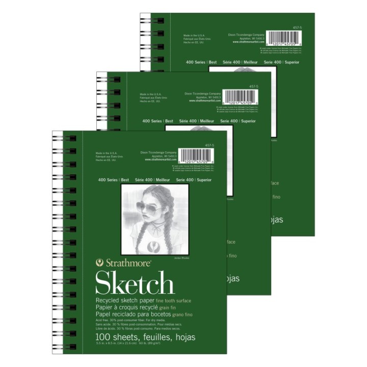 Strathmore 400 Series Sketch Pad, Recycled, Side Wire Binding, 100 Sheet, 5.5x8.5 inch, Pack of 3