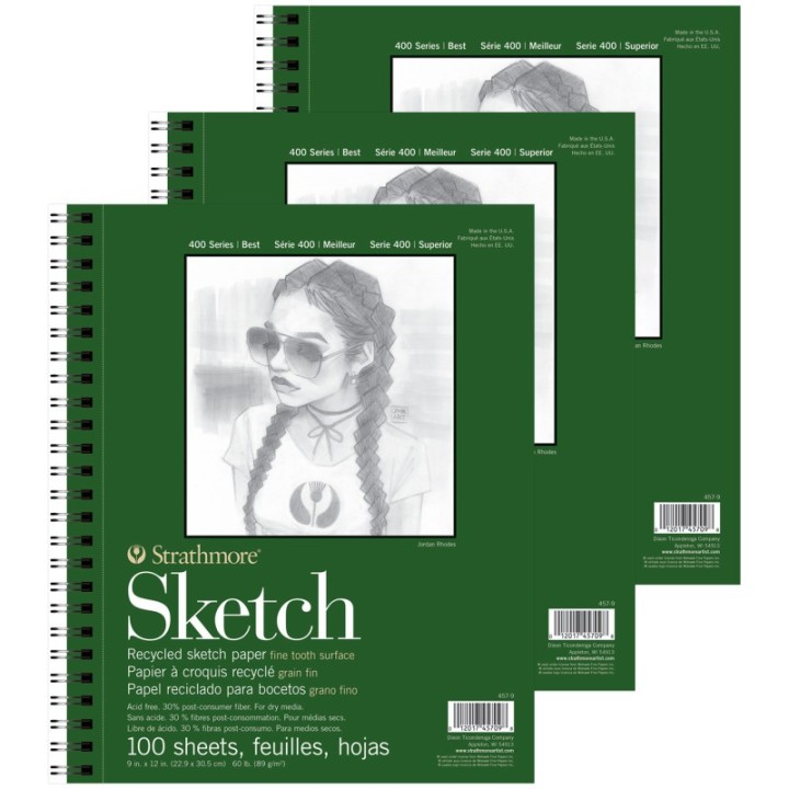 Strathmore 400 Series Sketch Pad, Recycled, Side Wire Binding, 100 Sheet, 9x12 inch, Pack of 3
