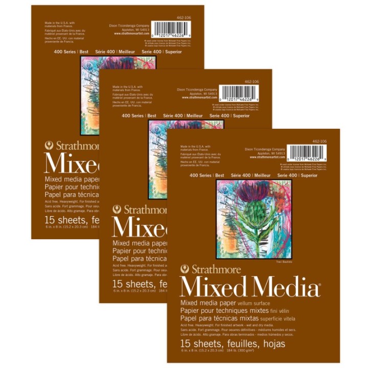 Strathmore 400 Series Mixed Media Pad, Glue Binding, 15 Sheet, 6x8 inch, Pack of 3