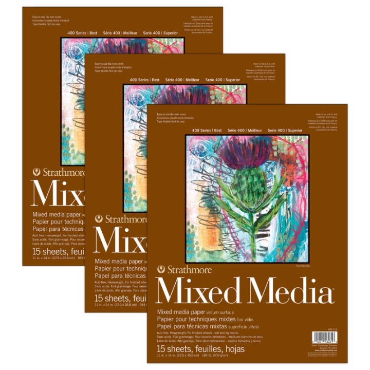 Strathmore 400 Series Mixed Media Pad, Glue Binding, 15 Sheet, 11x14 inch, Pack of 3