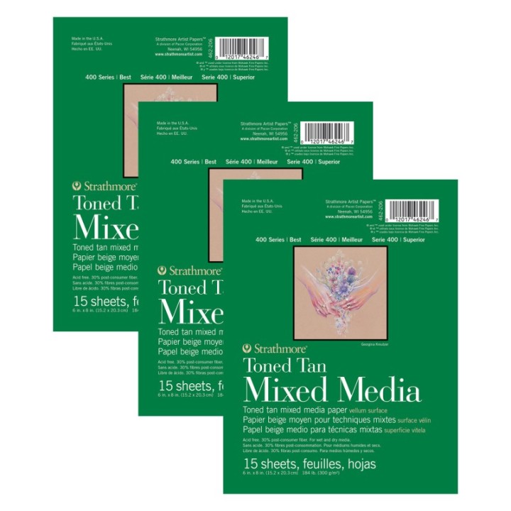 Strathmore 400 Series Mixed Media Pad, Toned Tan, Glue Binding, 15 Sheet, 6x8 inch, Pack of 3