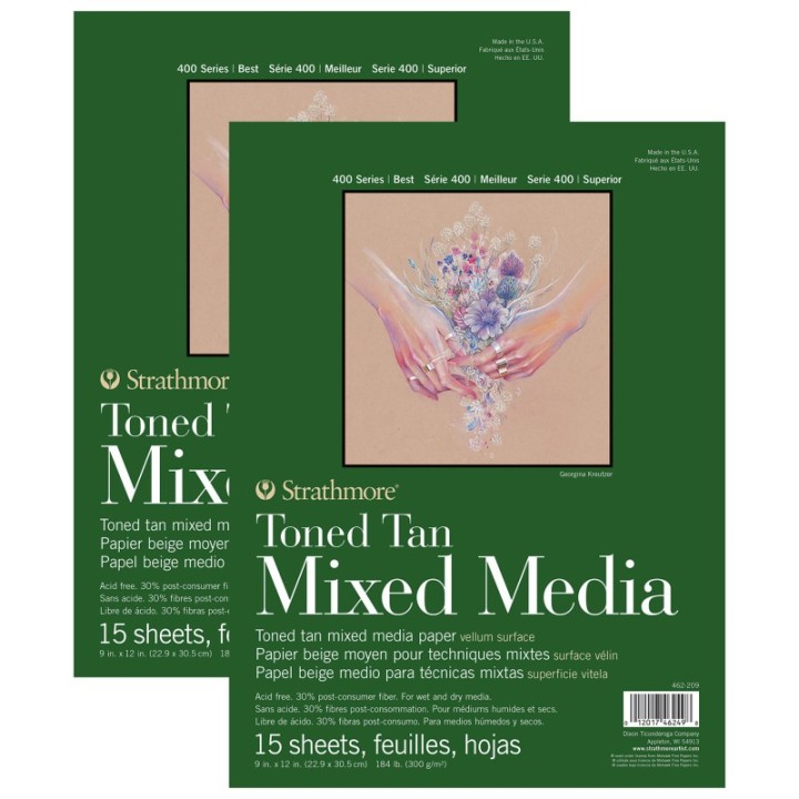 Strathmore 400 Series Mixed Media Pad, Toned Tan, Glue Binding, 15 Sheet, 9x12 inch, Pack of 2