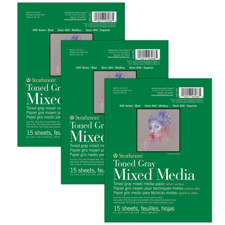 Strathmore 400 Series Mixed Media Pad, Toned Gray, Glue Binding, 15 Sheet, 6x8 inch, Pack of 3