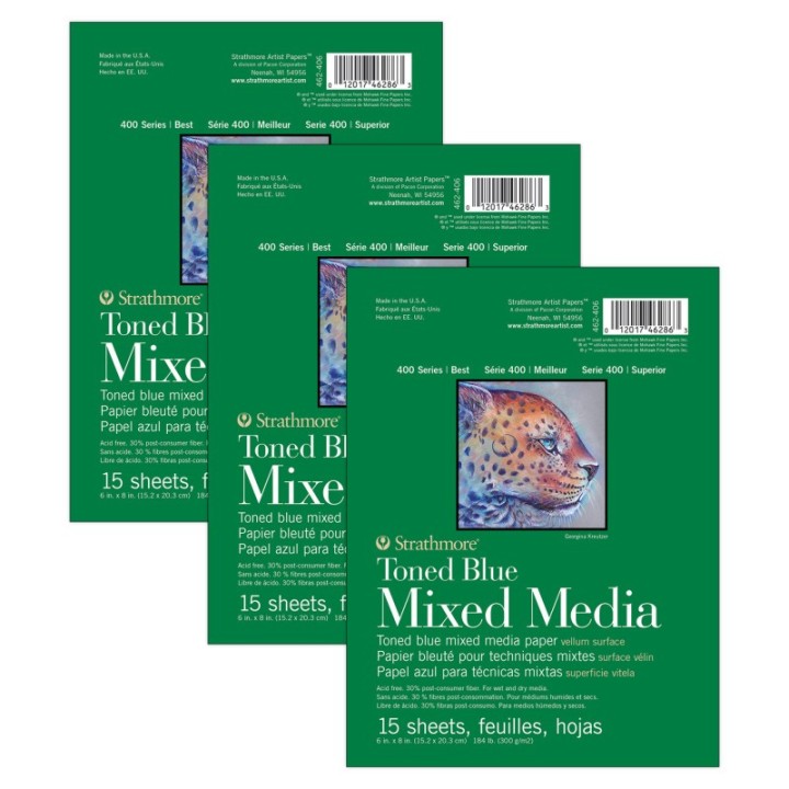 Strathmore 400 Series Mixed Media Pad, Toned Blue, Glue Binding, 15 Sheet, 6x8 inch, Pack of 3