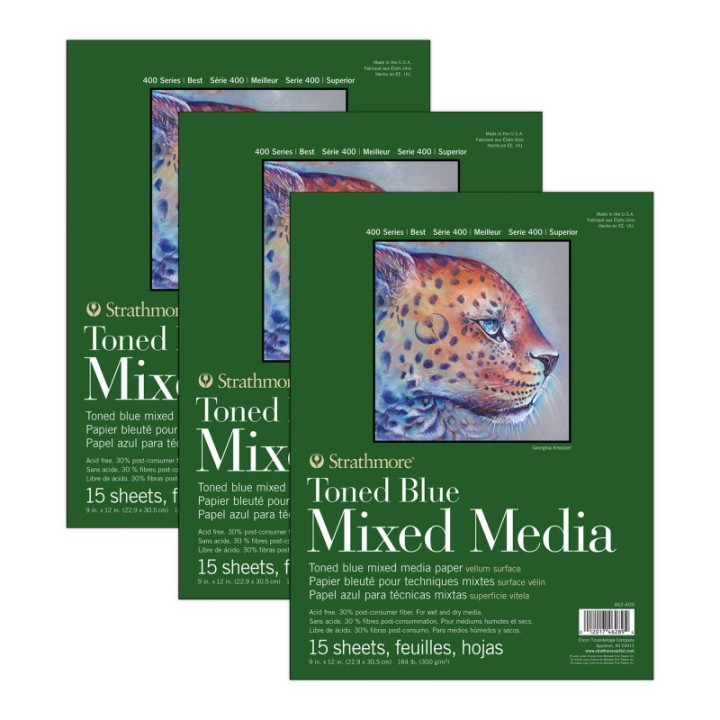 Strathmore 400 Series Mixed Media Pad, Toned Blue, Glue Binding, 15 Sheet, 9x12 inch, Pack of 3