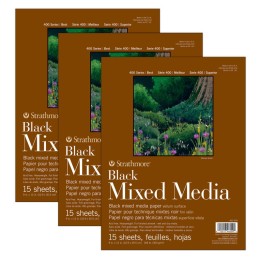 Strathmore 400 Series Mixed Media Pad, Black, Glue Binding, 15 Sheet, 9x12 inch, Pack of 3